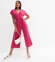 New Look Bright Pink Ribbed Wrap Crop Jumpsuit